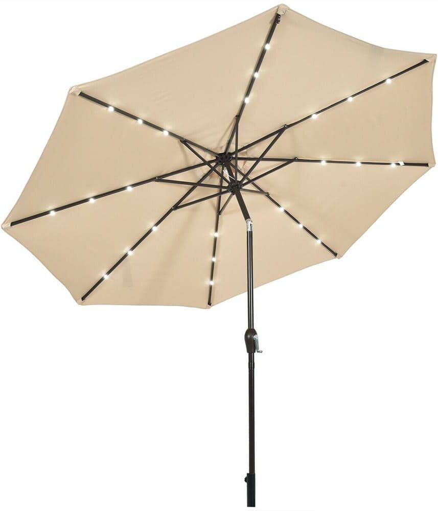 ANGELES HOME 10 ft. Iron Crank Lift Market Solar Panel Powered LED Light Tilt Patio Umbrella in Beige