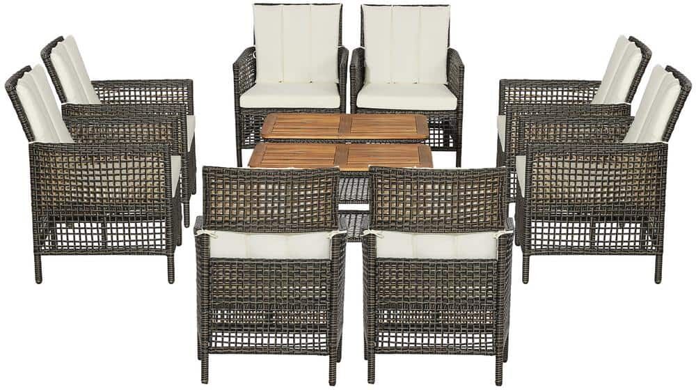 Costway 10-Piece Patio Rattan Furniture Set Cushioned Sofa Armrest Wooden Tabletop