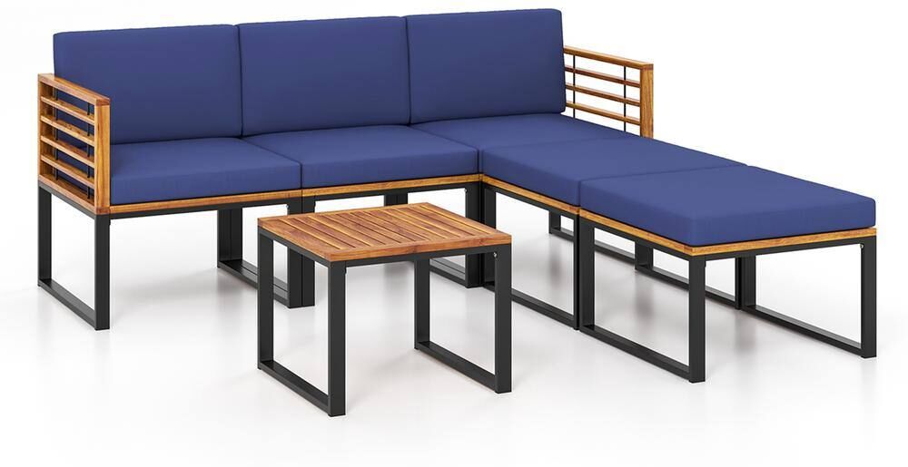 Costway 6-Piece Acacia Wood Patio Conversation Sofa Seat Set Ottomans Table Outdoor with Navy Cushions