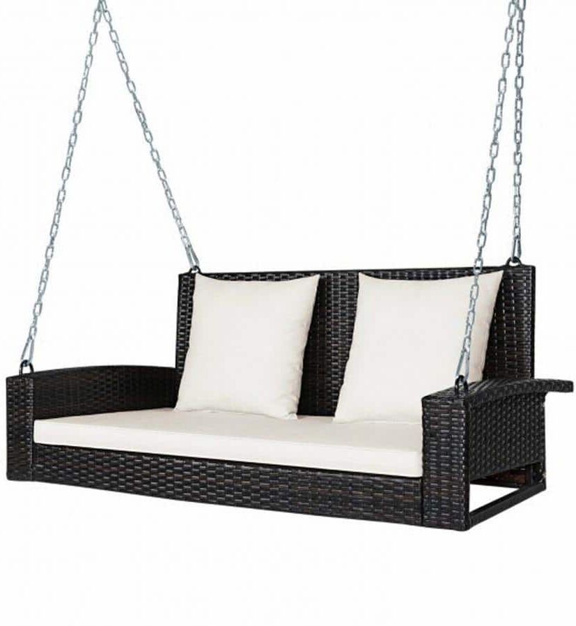 Zeus & Ruta 2-Person White Metal Patio Rattan Porch Swing with Cushions