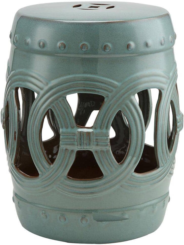 Outsunny Antique-Blue Green Stone Round 17.3 in. Outdoor Side Table with Knotted Ring Design and Glazed Strong Materials