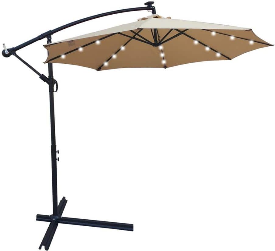 10ft Tan Solar LED Steel Outdoor Patio Cantilever Umbrella With Crank And Cross Base