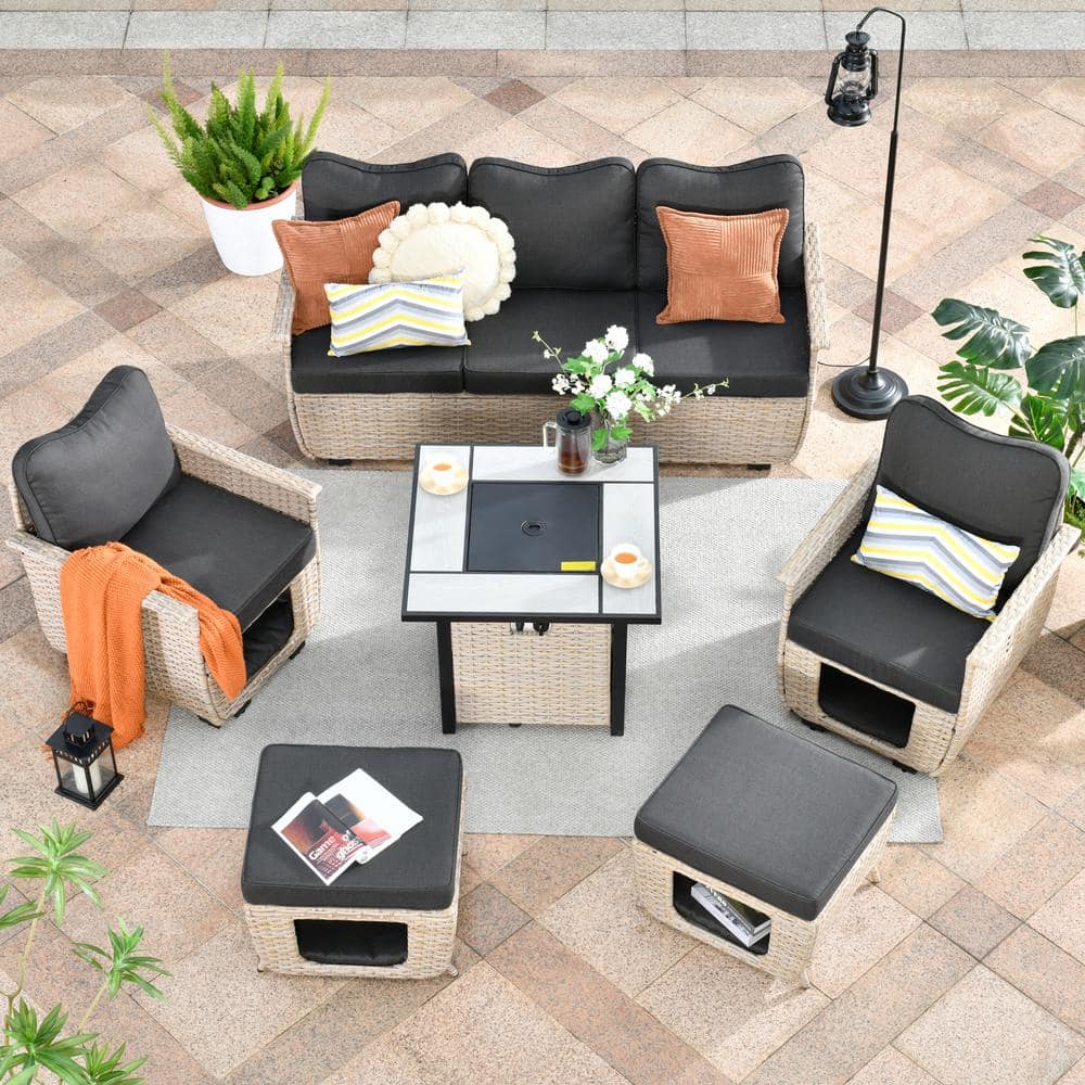 HOOOWOOO Echo Beige 6-Piece Wicker Outdoor Multi-Functional Patio Conversation Sofa Set with a Fire Pit and Black Cushions