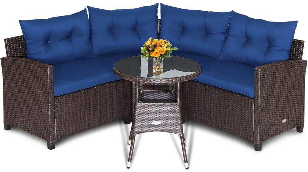 Costway 4-Piece Patio Rattan Furniture Set Cushioned Sofa Glass Table Garden Navy