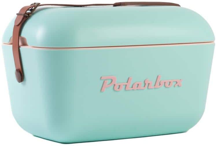 Polarbox 21 Qt. Classic Retro Vintage Style Cooler with Leather Strap in Cyan - Baby Rose