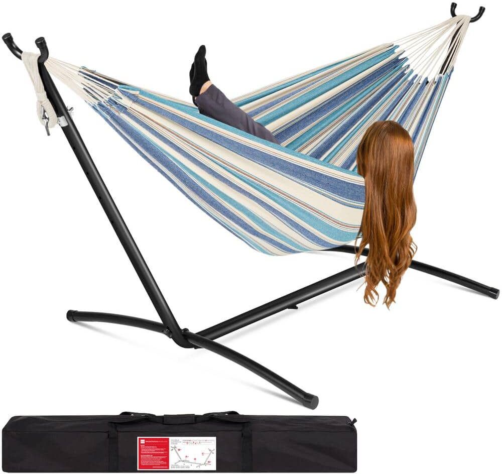 Best Choice Products 9.5 ft. 2-Person Brazilian-Style Cotton Double Hammock with Stand Set w/Carrying Bag - Ocean