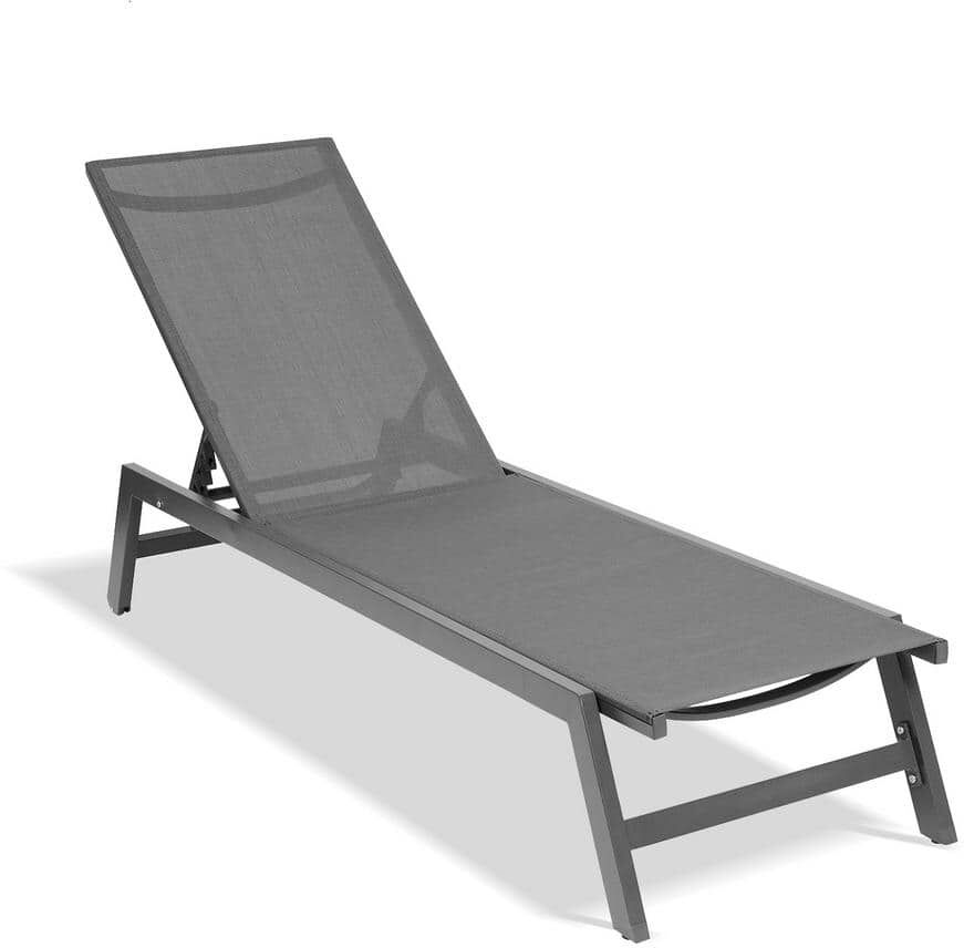 Huluwat Gray Aluminum Textilene Outdoor Lounge Chair, 5-Position Adjustable Aluminum Recliner for All Outside Venues