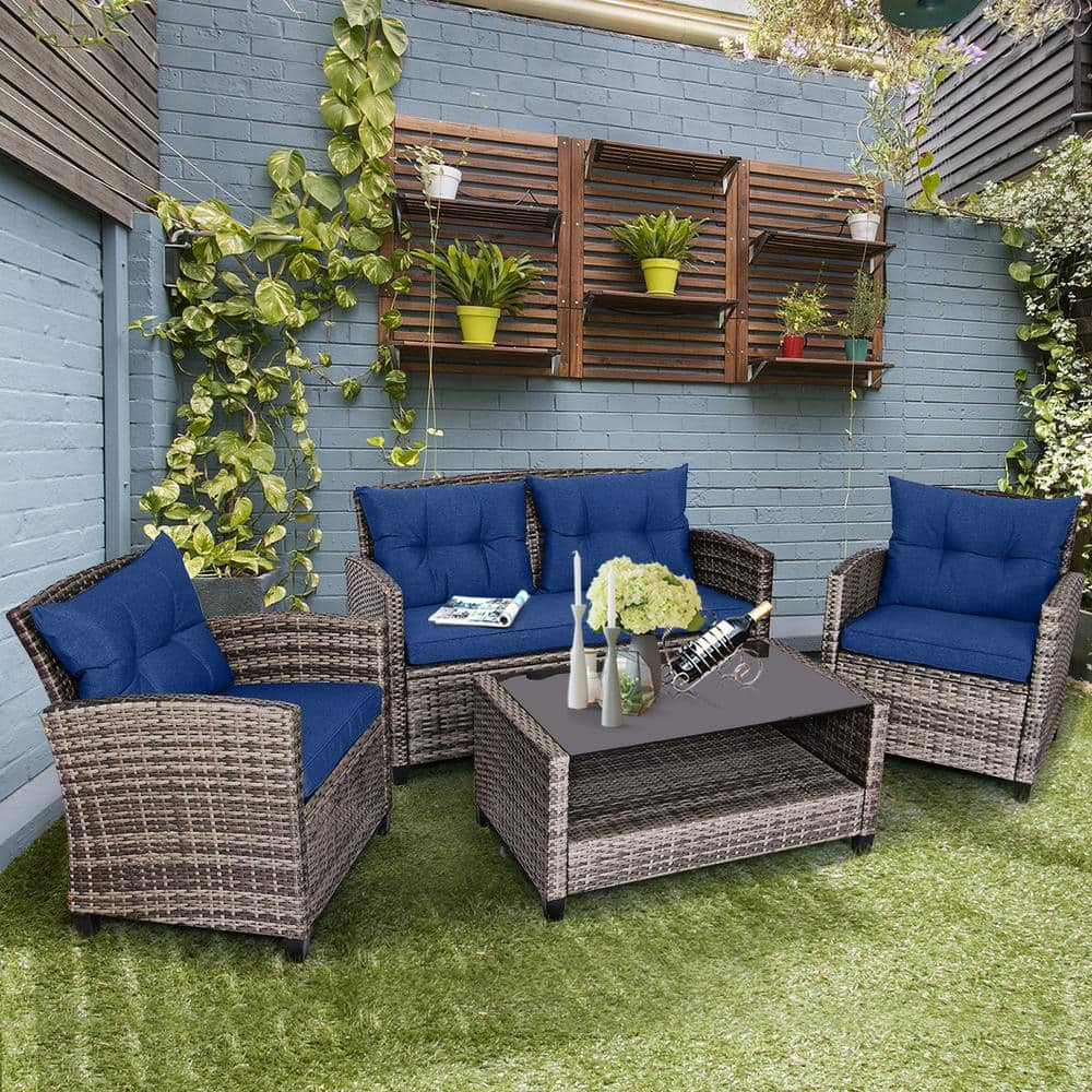 ANGELES HOME 4-Piece Metal Rattan Patio Conversation Set with Coffee Table and Navy Cushioned, Tempered Glass Table