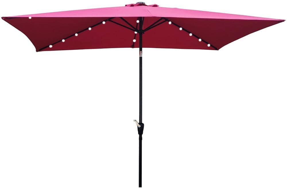 10ft Burgundy Solar Led Powder Coated Aluminum Rectangular Outdoor Patio Market Umbrella With Crank Button Tilt System