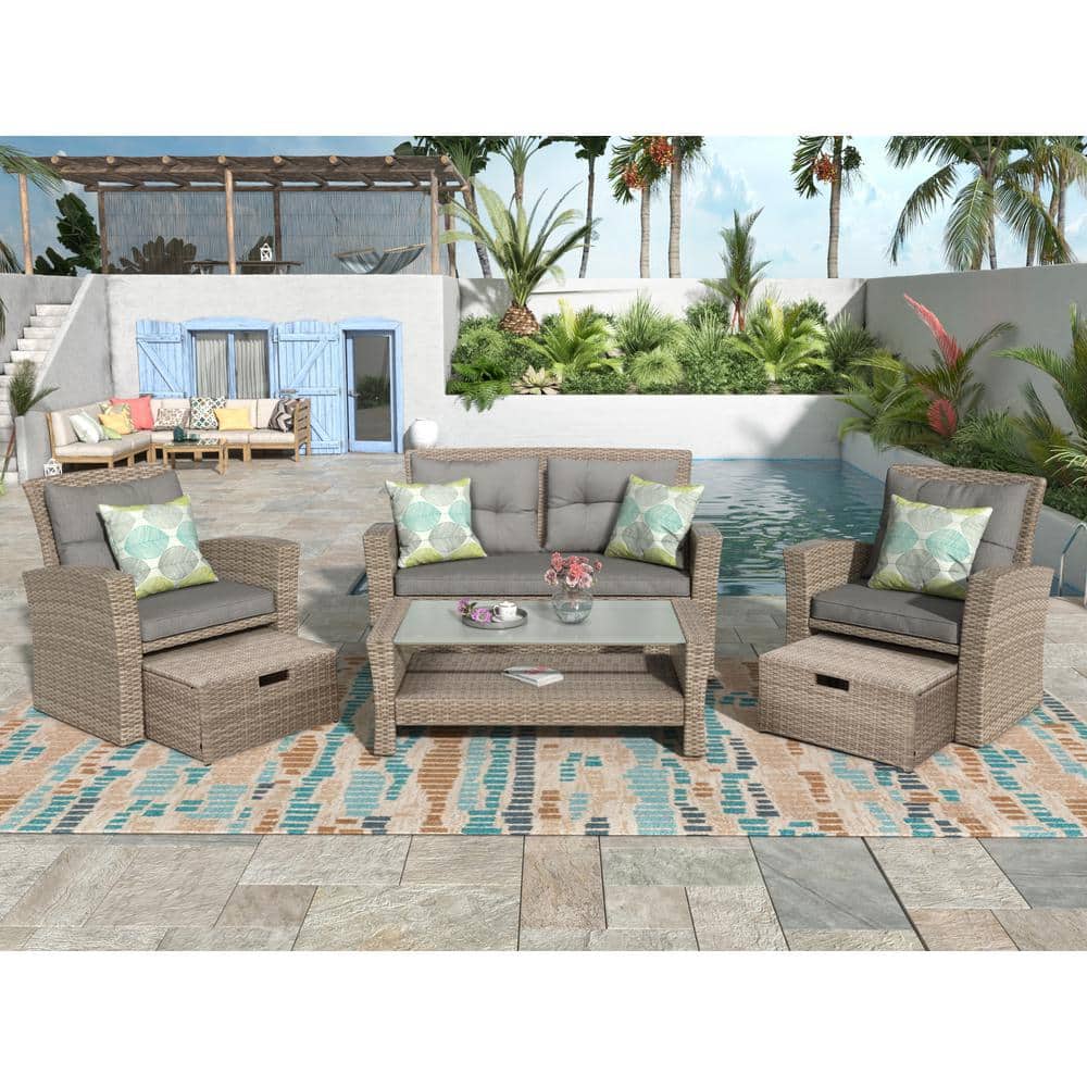 URTR 4-Piece PE Rattan Wicker Patio Conversation Set Outdoor Sofa Set with Ottoman, Armchair and Table, Gray Cushion
