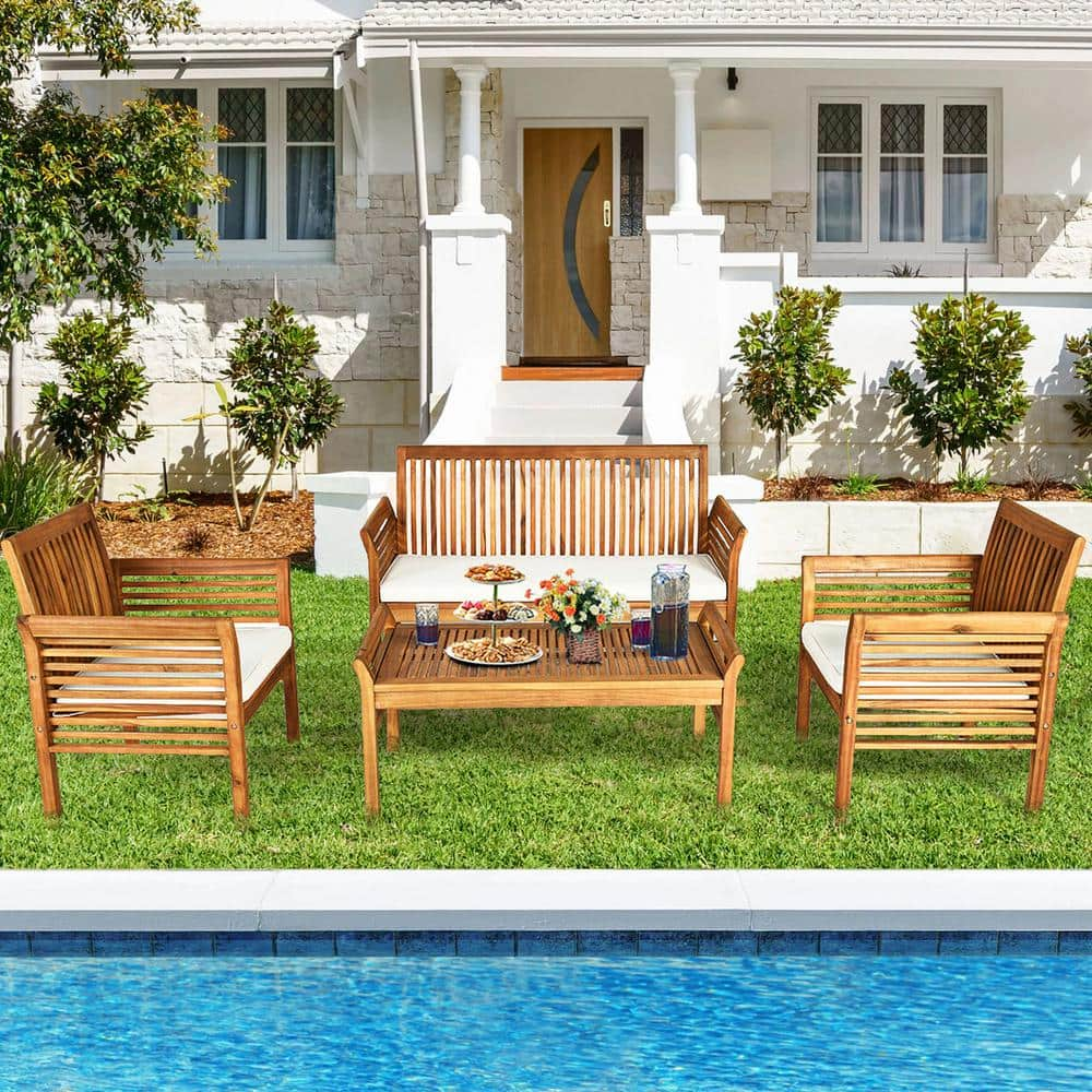 ANGELES HOME 4-Piece Acacia Wood Outdoor Patio Conversation Set with White Cushions