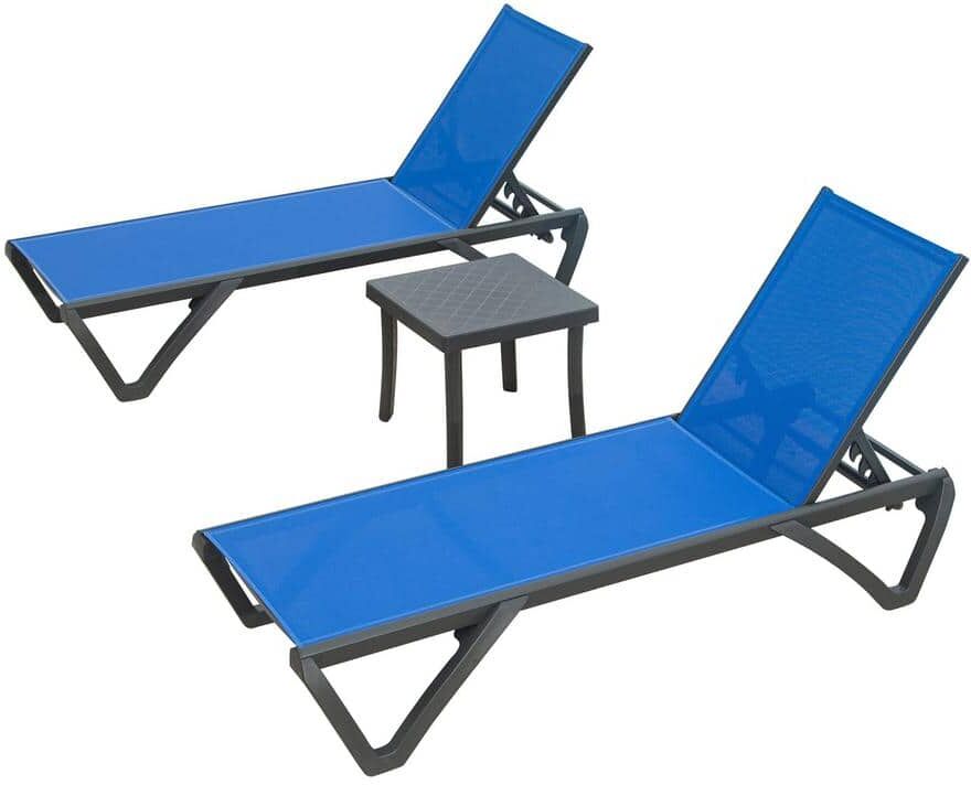 Zeus & Ruta Blue 3-Piece Metal Outdoor Chaise Lounge Chair Polypropylene Sunbathing Chair with 5 Adjustable Positions, Side Table