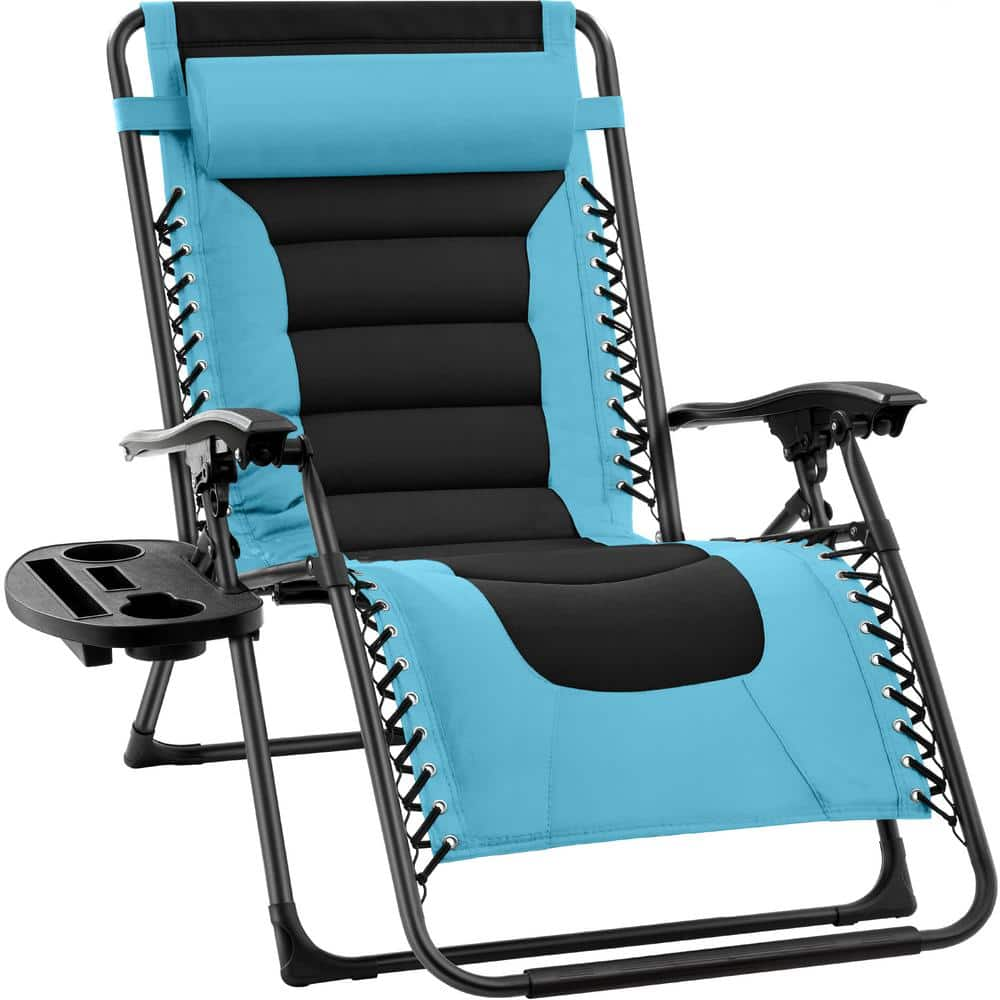 Best Choice Products Oversized Padded Zero Gravity Light Blue/Black Metal Reclining Outdoor Lawn Chair with Side Tray