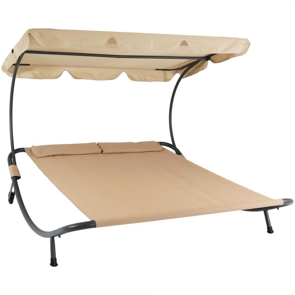 Sunnydaze Decor Sling Double Outdoor Chaise Lounge Bed with Canopy and Headrest Pillow