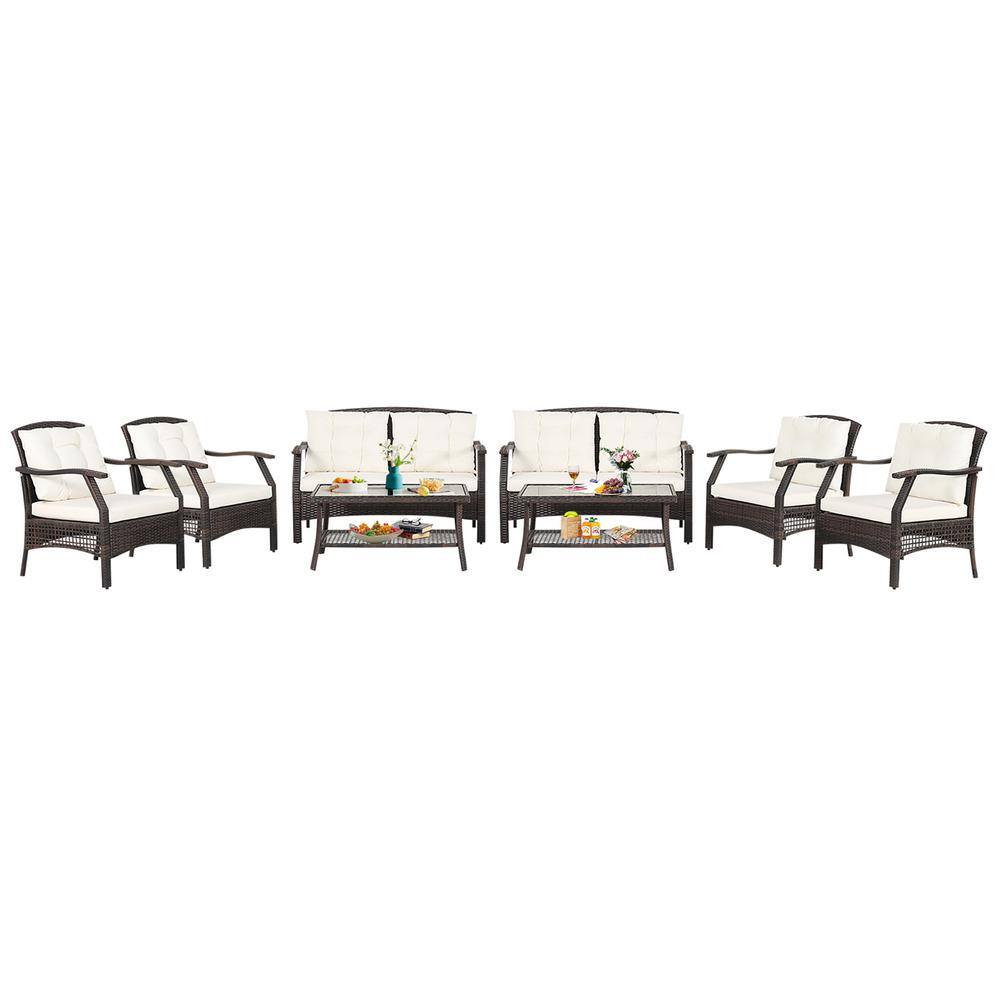 Costway 8-Pieces Wicker Patio Conversation Set Rattan Sofa Set with Protective Cover and Beige Cushions