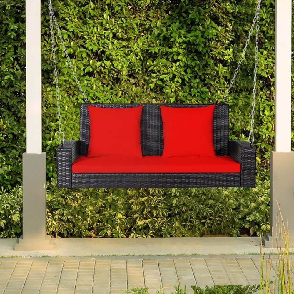 Zeus & Ruta 2-Person Red Metal Patio Rattan Porch Swing with Cushions