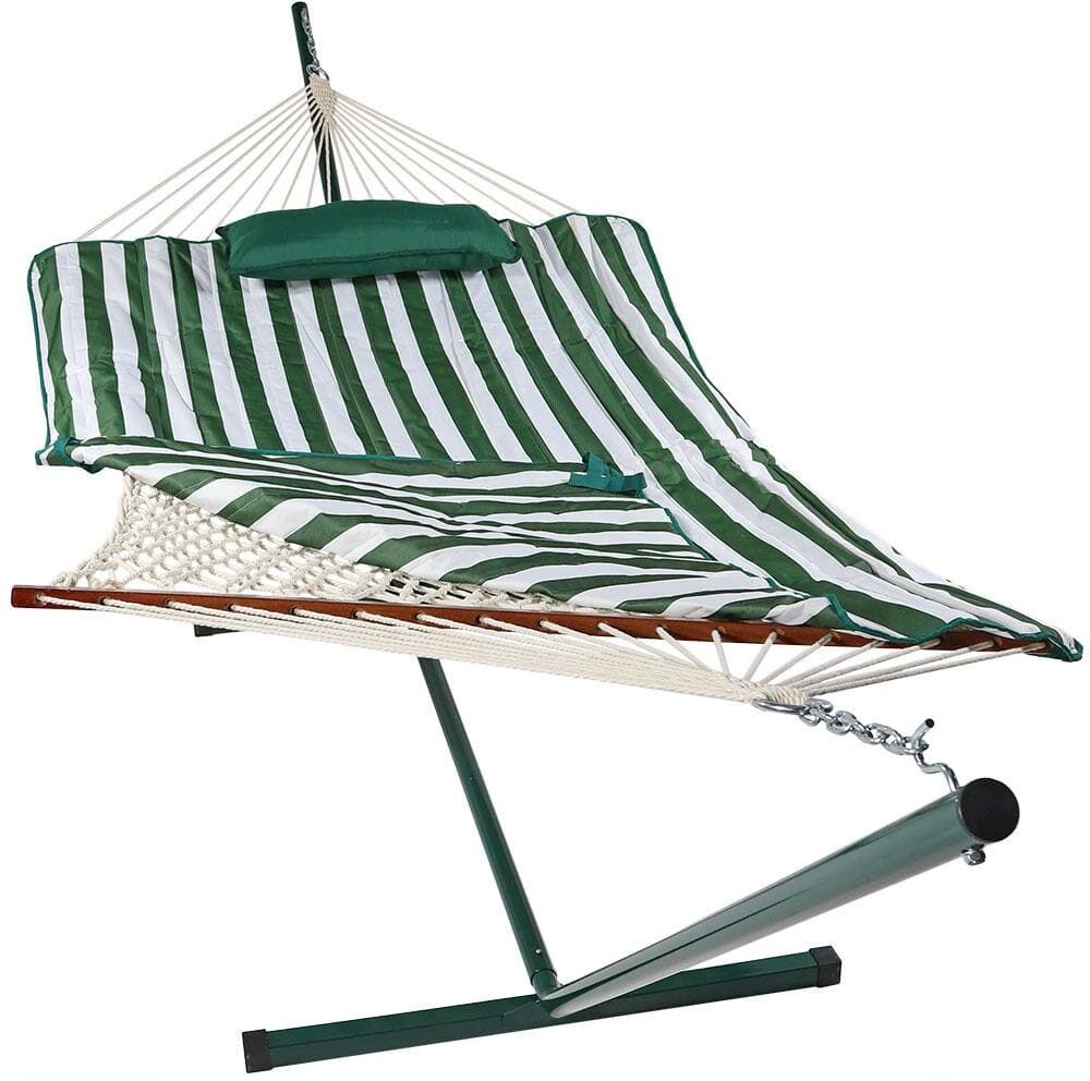 Sunnydaze Decor 12 ft. Rope Hammock Bed Combo with Stand, Pad and Pillow in Green and White Stripe