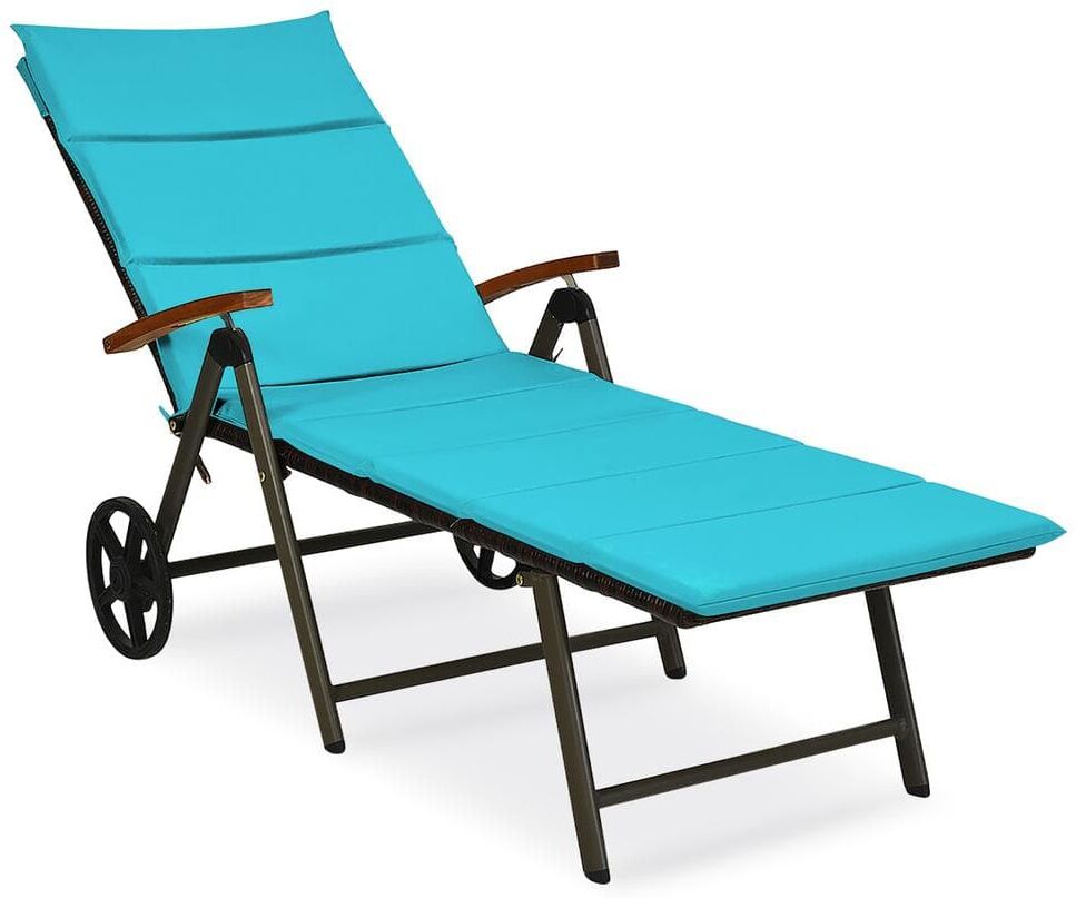 Costway Adjustable Height Folding Patio Rattan Outdoor Lounge Chair Chaise Cushioned Aluminum Wheel with Turquoise Cushion