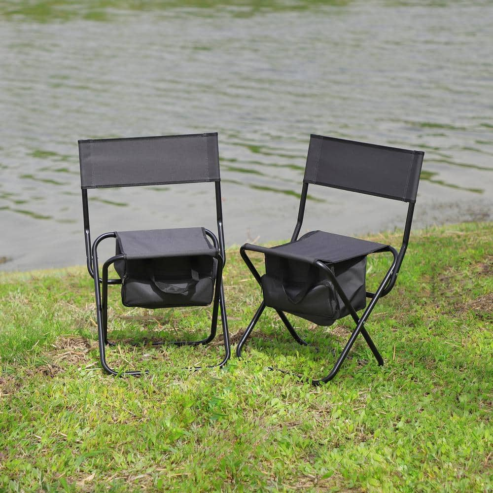 3-Piece Outdoor Camping Steel and Black Oxford Cloth Folding Chairs with Folding Square Table