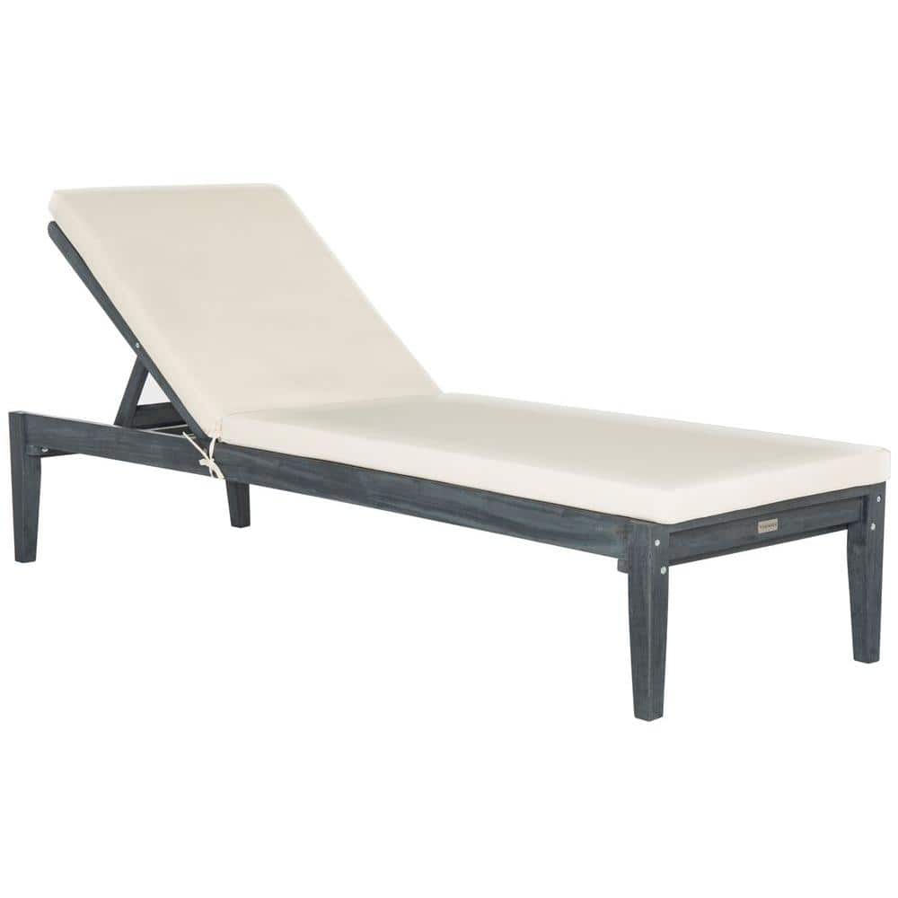 SAFAVIEH Azusa Ash Grey 1-Piece Wood Outdoor Chaise Lounge Chair with Beige Cushions
