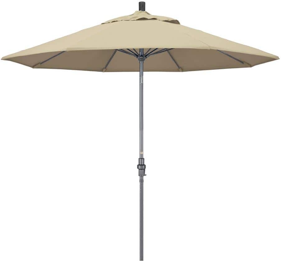 California Umbrella 9 ft. Hammertone Grey Aluminum Market Patio Umbrella with Collar Tilt Crank Lift in Antique Beige Sunbrella