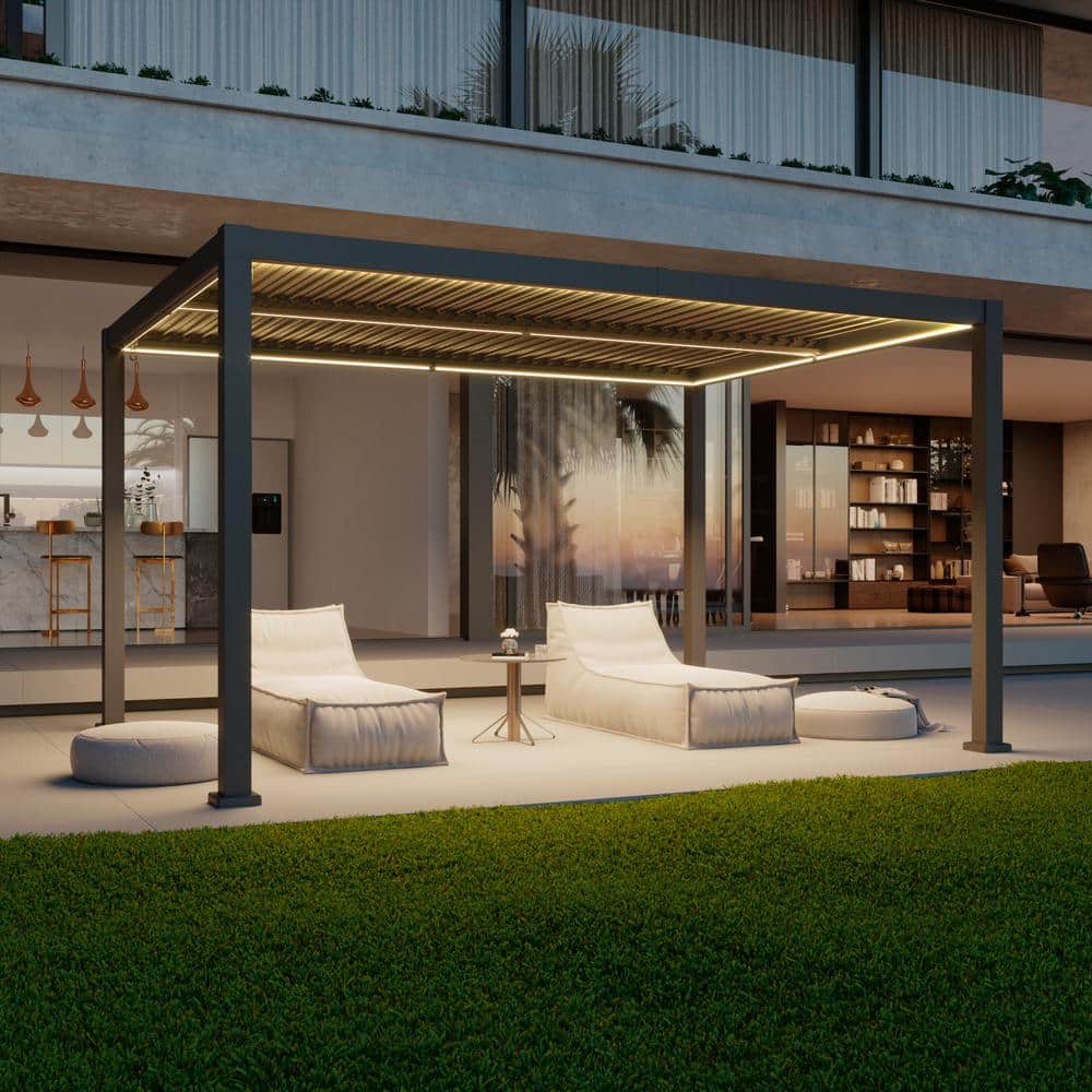 Sonkuki 10 ft. x 13 ft. aluminum freestanding patio Pergola Solar Panel LED Strings Outdoor Louvered Roof Pergola, Dark Grey