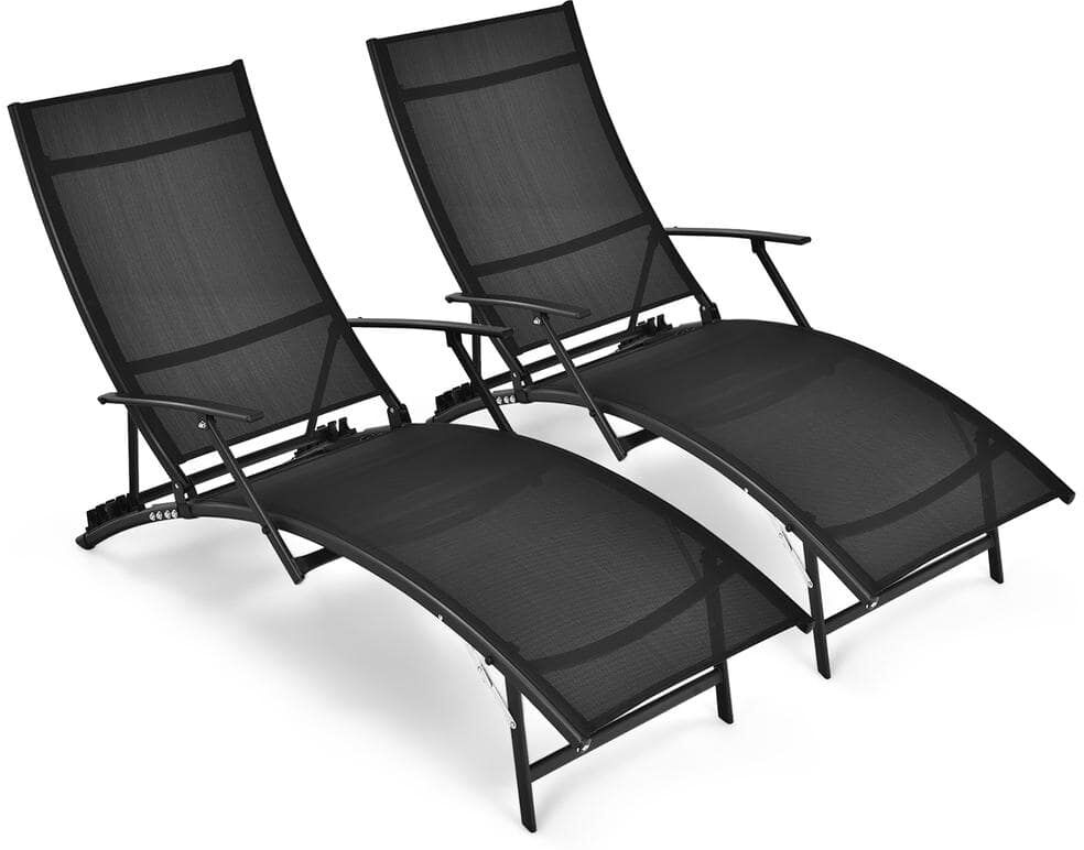 Costway Folding Outdoor Lounge Chair Chaise Recliner Adjustable Stackable with Armrest (Set of 2)