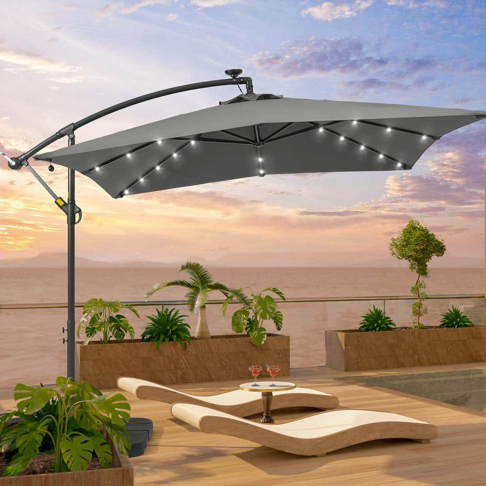 Sonkuki 8.2 ft. x 8.2 ft. Patio Offset Cantilever Umbrella with LED Lights, Rectangular Canopy, Steel Pole and Ribs in Gray