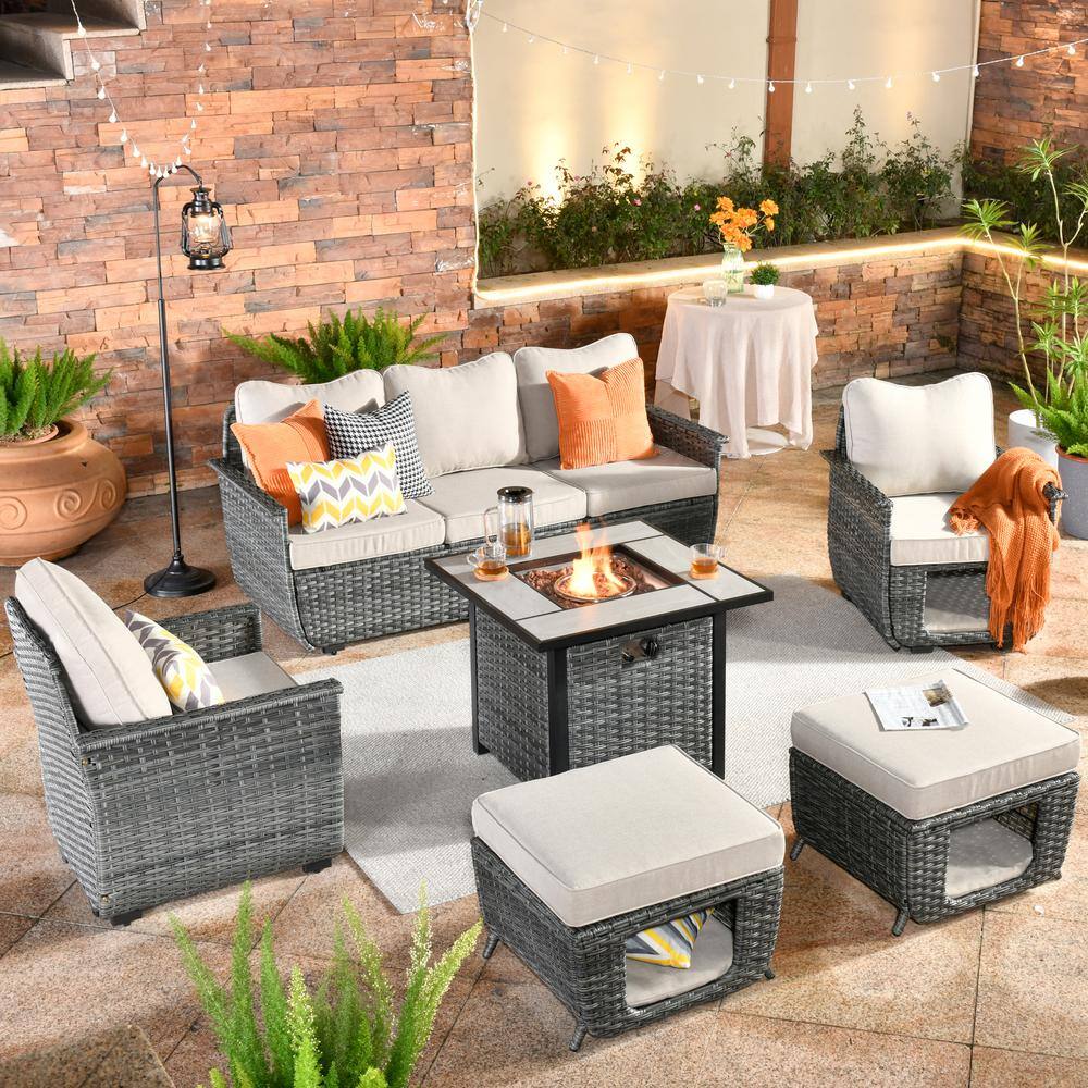 HOOOWOOO Echo Black 6-Piece Wicker Multi-Functional Patio Conversation Sofa Set with a Fire Pit and Beige Cushions