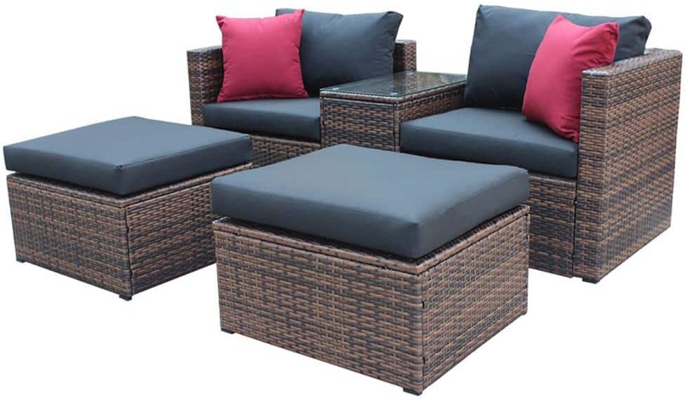 Brown 5-Piece Wicker Outdoor Sectional Sofa Set Patio Conversation Set with Black Cushions, Pillows And Cover