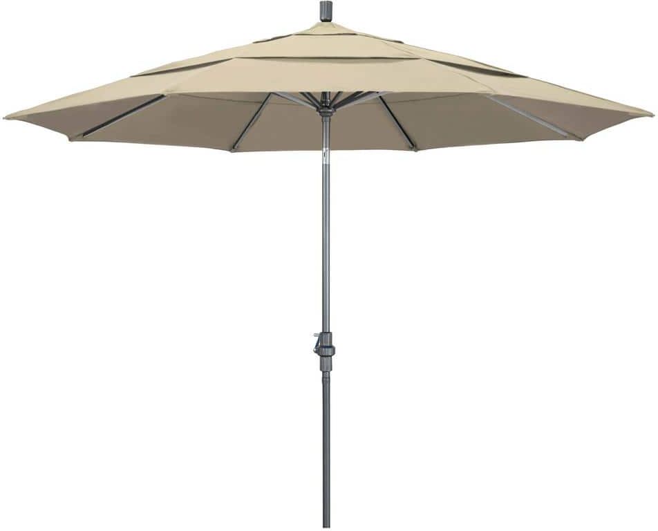 California Umbrella 11 ft. Hammertone Grey Aluminum Market Patio Umbrella with Crank Lift in Antique Beige Sunbrella