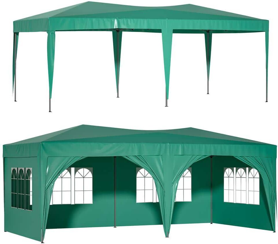 Savone 10 ft. x 20 ft. Pop Up Canopy Outdoor Portable Party Folding Tent w/6 Removable Sidewalls + Carry Bag + 6pcs Bag, Green