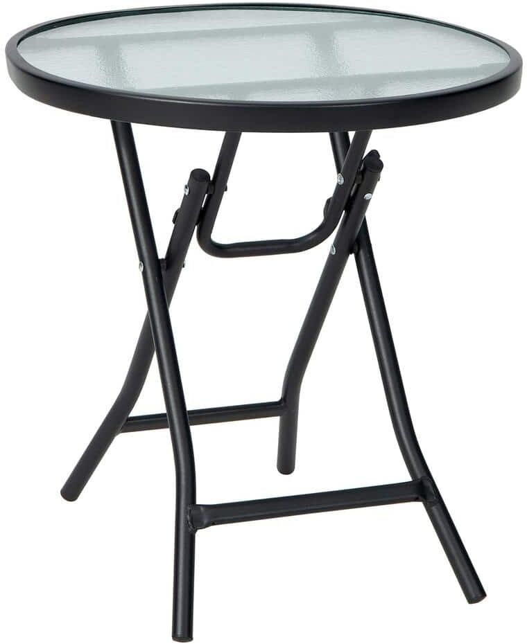 Costway Patio Folding Round Glass Outdoor Side Table Bistro Coffee Table Plant Stand