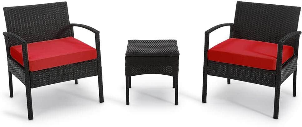 Boyel Living 3-Pieces Wicker Patio Conversation Set 2-People Rattan Sofa Seating and Coffee Table Group Outdoor Set with Red Cushions