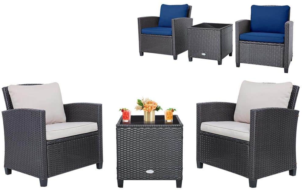 Costway 3-Pcs Rattan Wicker Patio Conversation Set Sofa Coffee Table with Beige andNavy Cushions