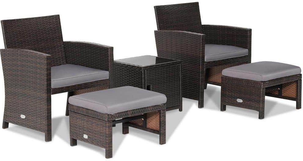 Costway 5-Piece Patio Rattan Furniture Set Chair Ottoman Cushion Space Saving with Cover Gray