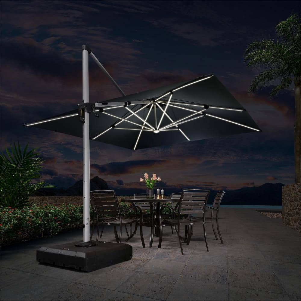 PURPLE LEAF 11 ft. Square Aluminum Solar Powered LED Patio Cantilever Offset Umbrella with Base, Gray