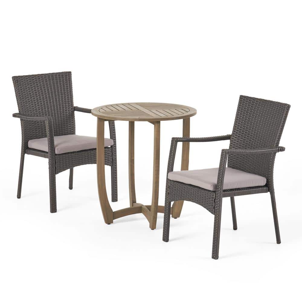 Noble House Sloane Gray 3-Piece Wood and Faux Rattan Outdoor Bistro Set with Gray Cushions
