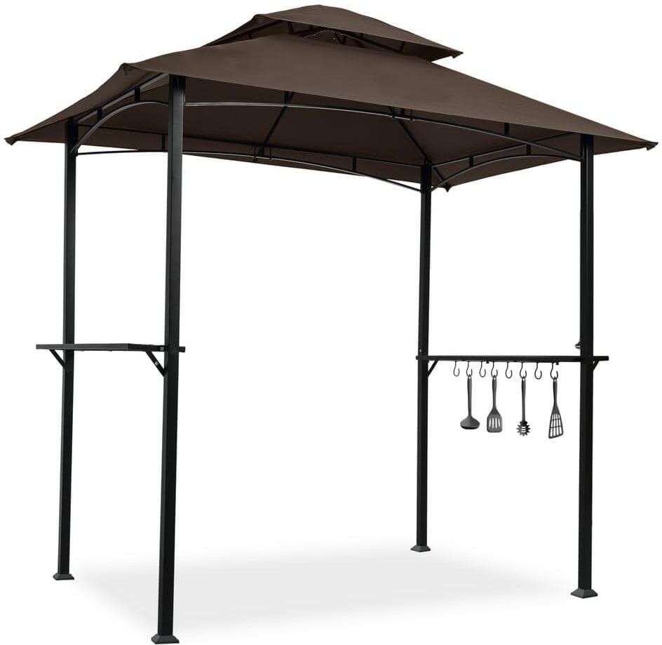 Sudzendf 8 ft. x 5 ft. Brown Outdoor Grill Gazebo, Double Tier So ft. Top Canopy and Steel Frame with Hook and Bar Counters