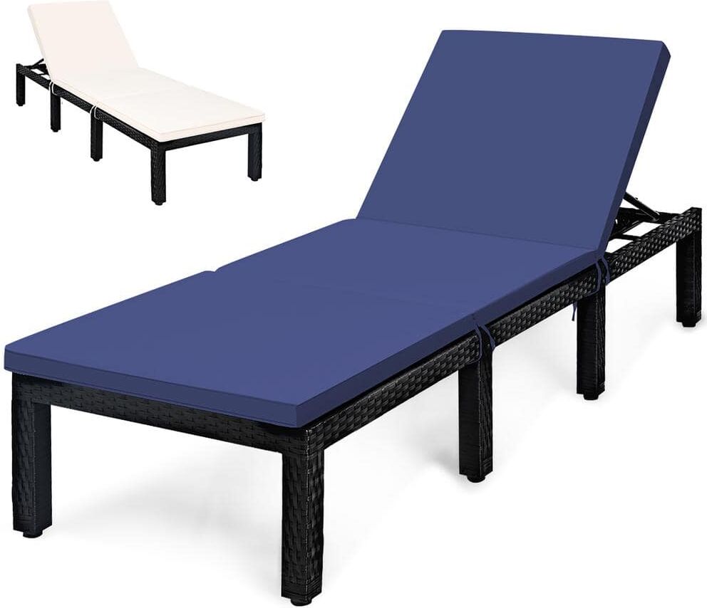 Costway Wicker Outdoor Lounge Chair Chaise Recliner Adjust with Navy Cushion and Off White Cover