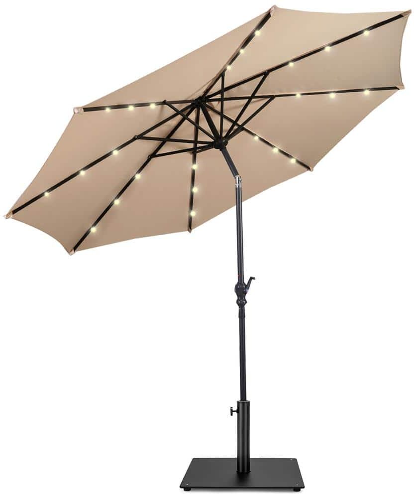 Costway 10 ft. Solar Lights Patio Umbrella Outdoor in Beige with 36 lbs. Steel Umbrella Stand