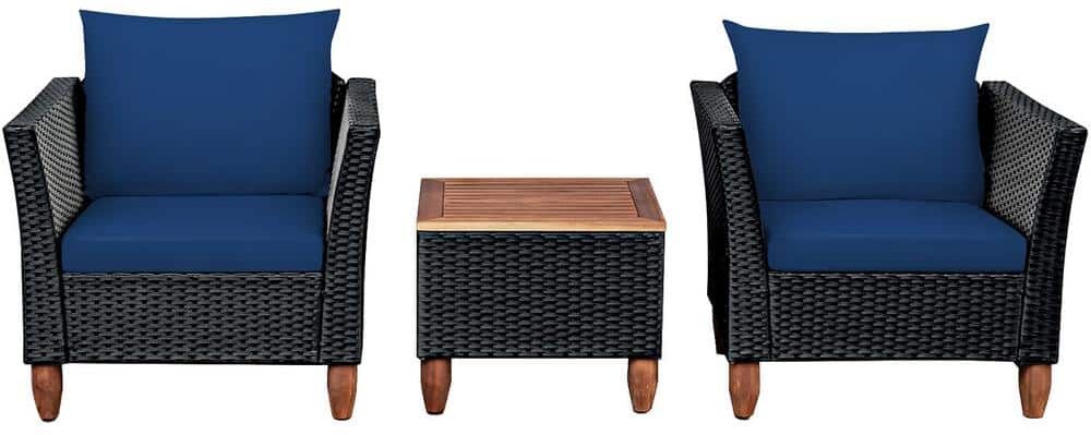 Costway 3-Pieces Wicker Patio Conversation Set Outdoor Rattan Furniture Set Wooden Table Top with Navy Cushions