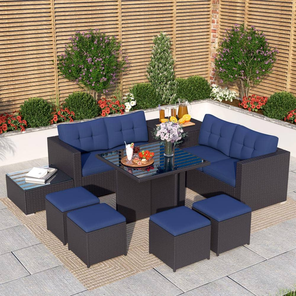 PHI VILLA Black Rattan Wicker 8 Seat 9-Piece Steel Outdoor Patio Sectional Set with Blue Cushions,Coffee Table and Storage Box