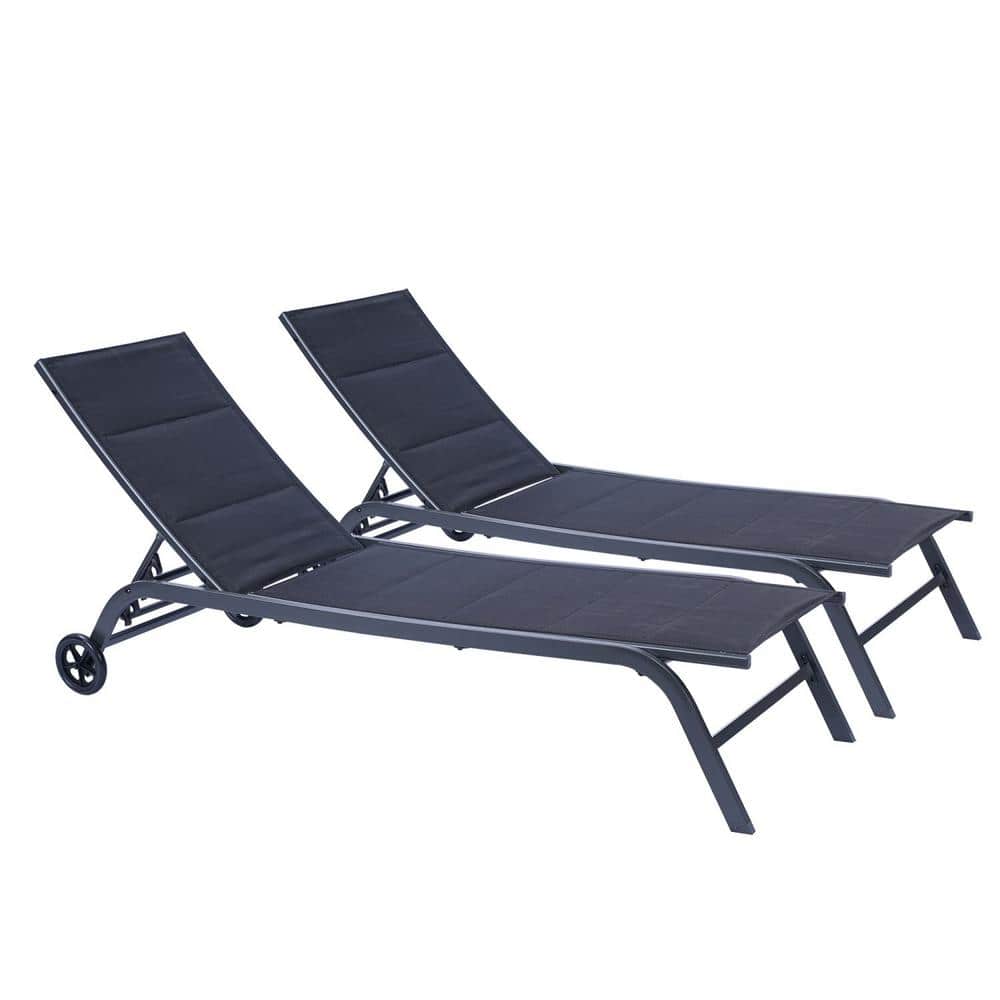 Tidoin 2-Piece Black Metal Outdoor Patio Chaise Lounge Chair, 5-Position Adjustable Metal Recliner
