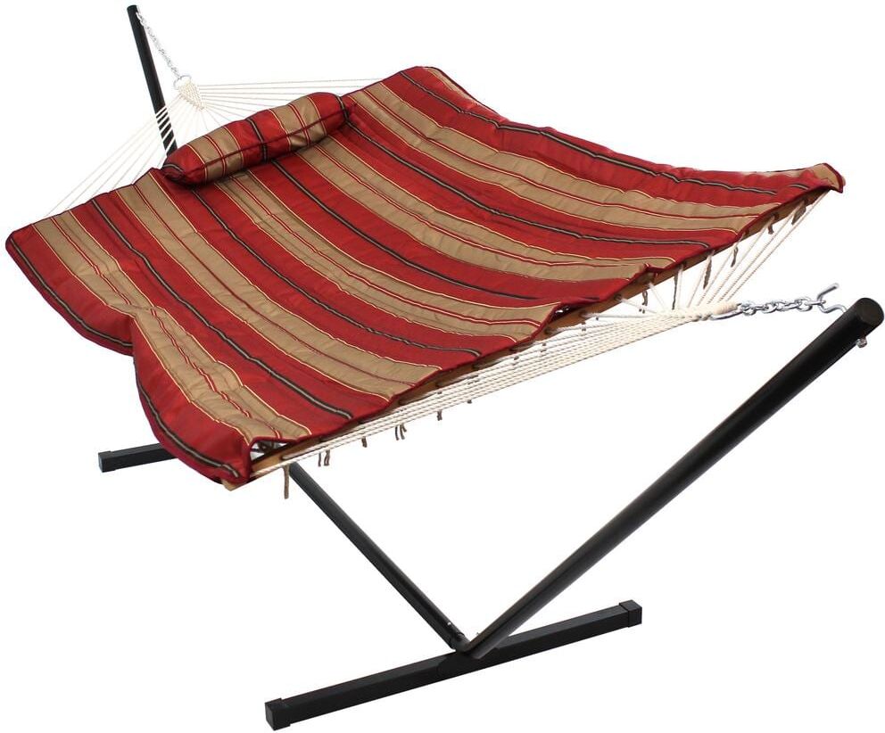 Sunnydaze Decor 12 ft. Rope Hammock Bed Combo with Stand, Pad and Pillow in Awning Stripe