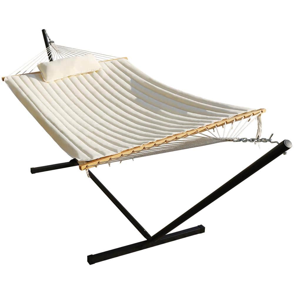 VEIKOUS 12 ft. Quilted 2-Person Hammock Bed with Stand and Detachable Pillow, Beige
