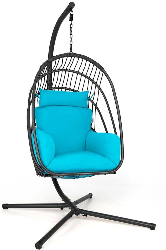 Costway 3.6 ft. Free Standing Hanging Folding Egg Chair Hammock with Stand Soft Cushion Pillow Swing Turquoise