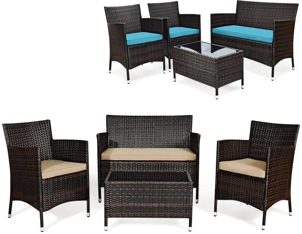 Costway 4-Piece Wicker Patio Conversation Furniture Set Sofa Chair with Brown and Turquoise Cushions Garden