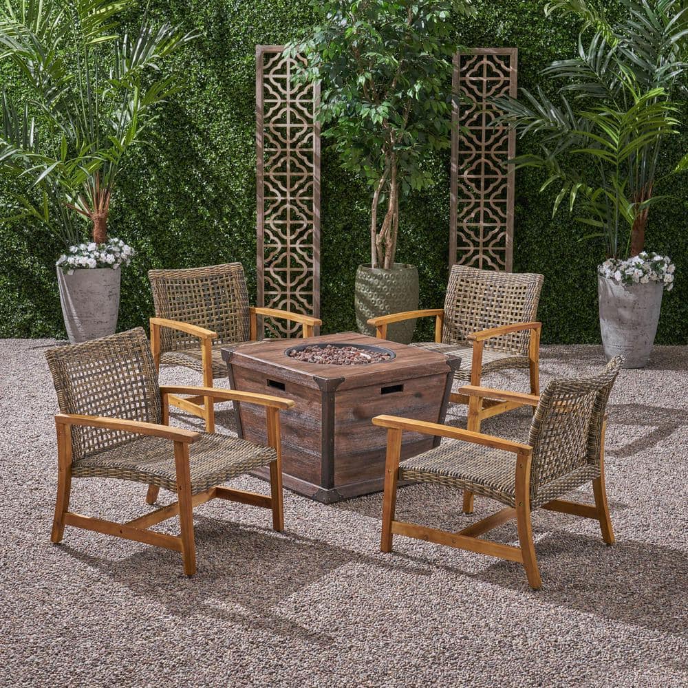 Noble House Hampton Natural with Grey 5-Piece Wood and Faux Rattan Patio Fire Pit Seating Set