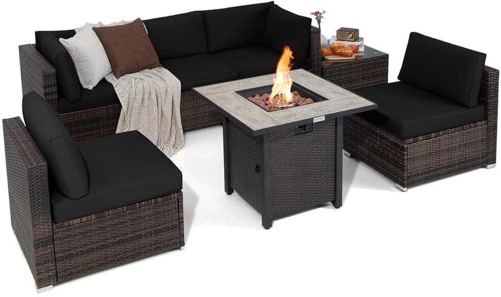 Costway 7-Piece Wicker Patio Conversation Set 30 in. Fire Pit Table Cover Rattan Sofa with Black Cushions